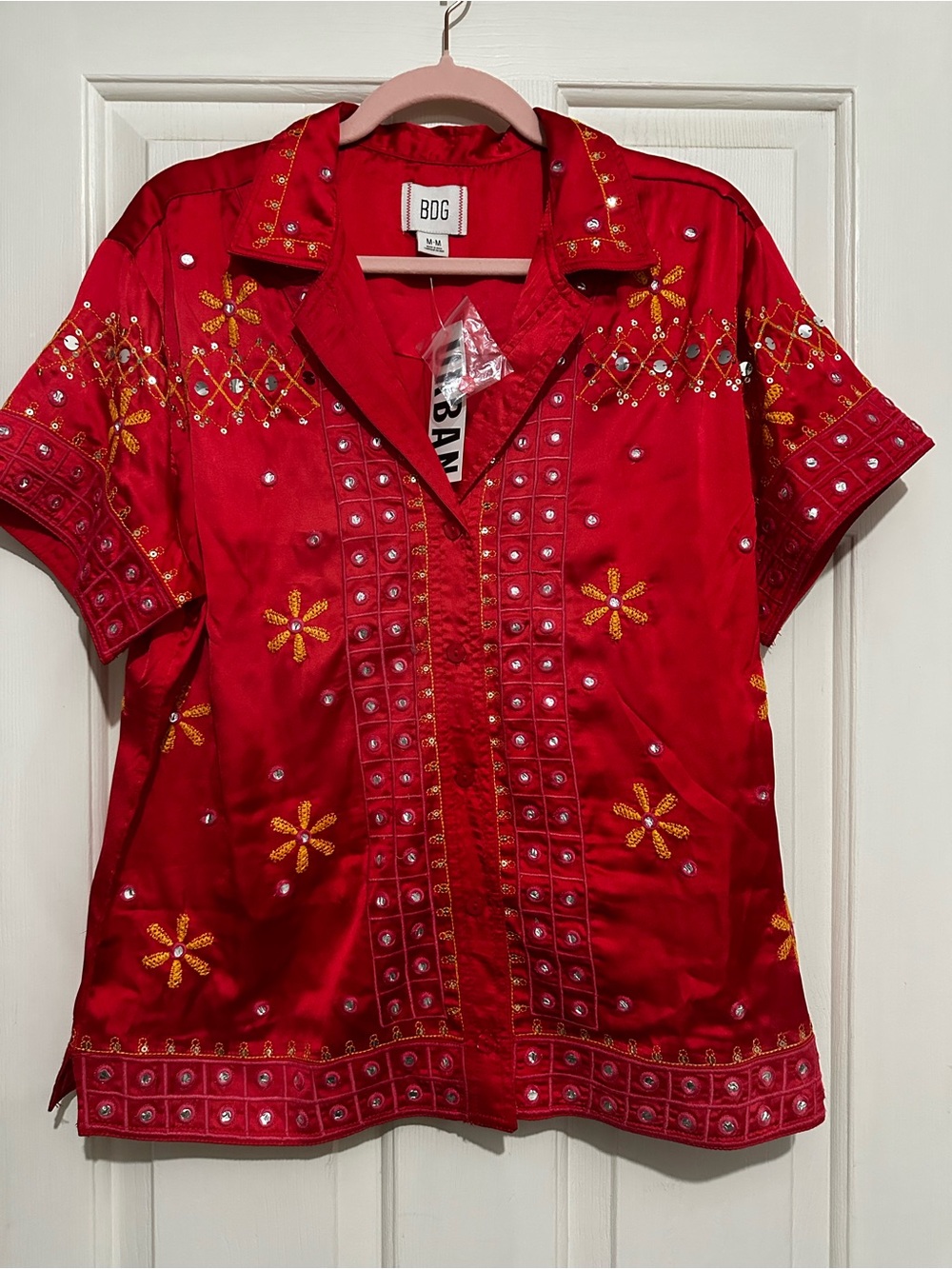 BDG Urban Outfitters Red Embroidered Short Sleeve Button-Up Shirt